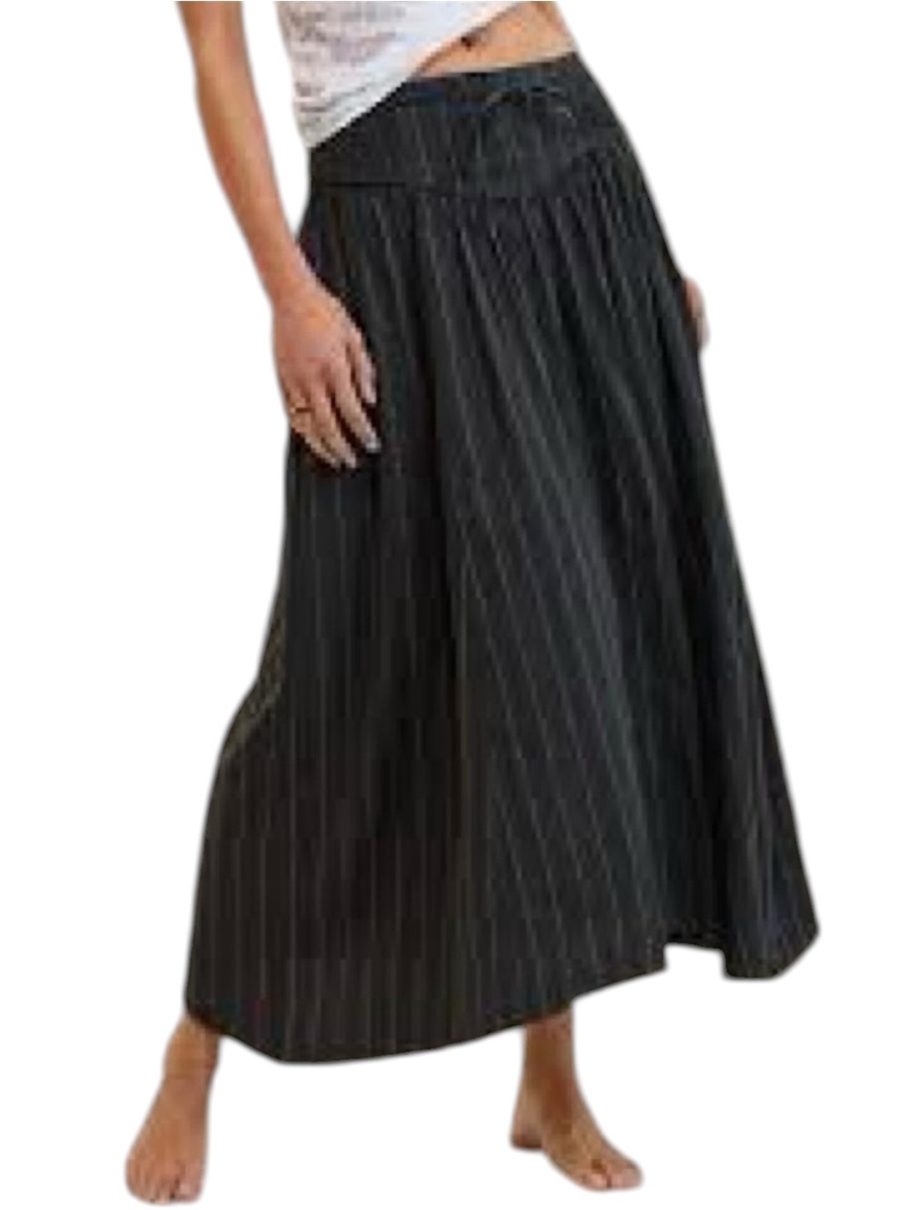 Aerie Smocked Pinstripe Midi Skirt Size XXL Yoke Waist Gray White Whimsigoth